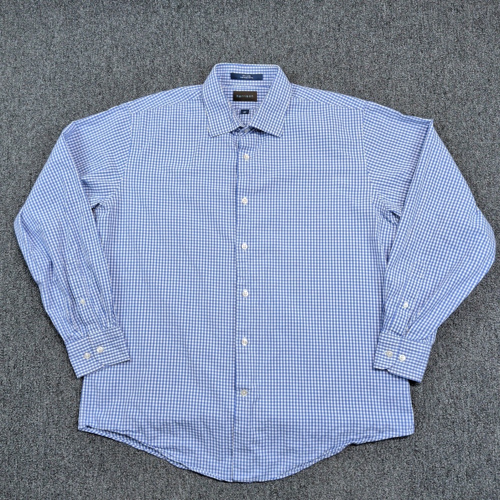 Harrison Classic Gingham Button Down Shirt 17 35 Blue White Cotton Business‎ XL